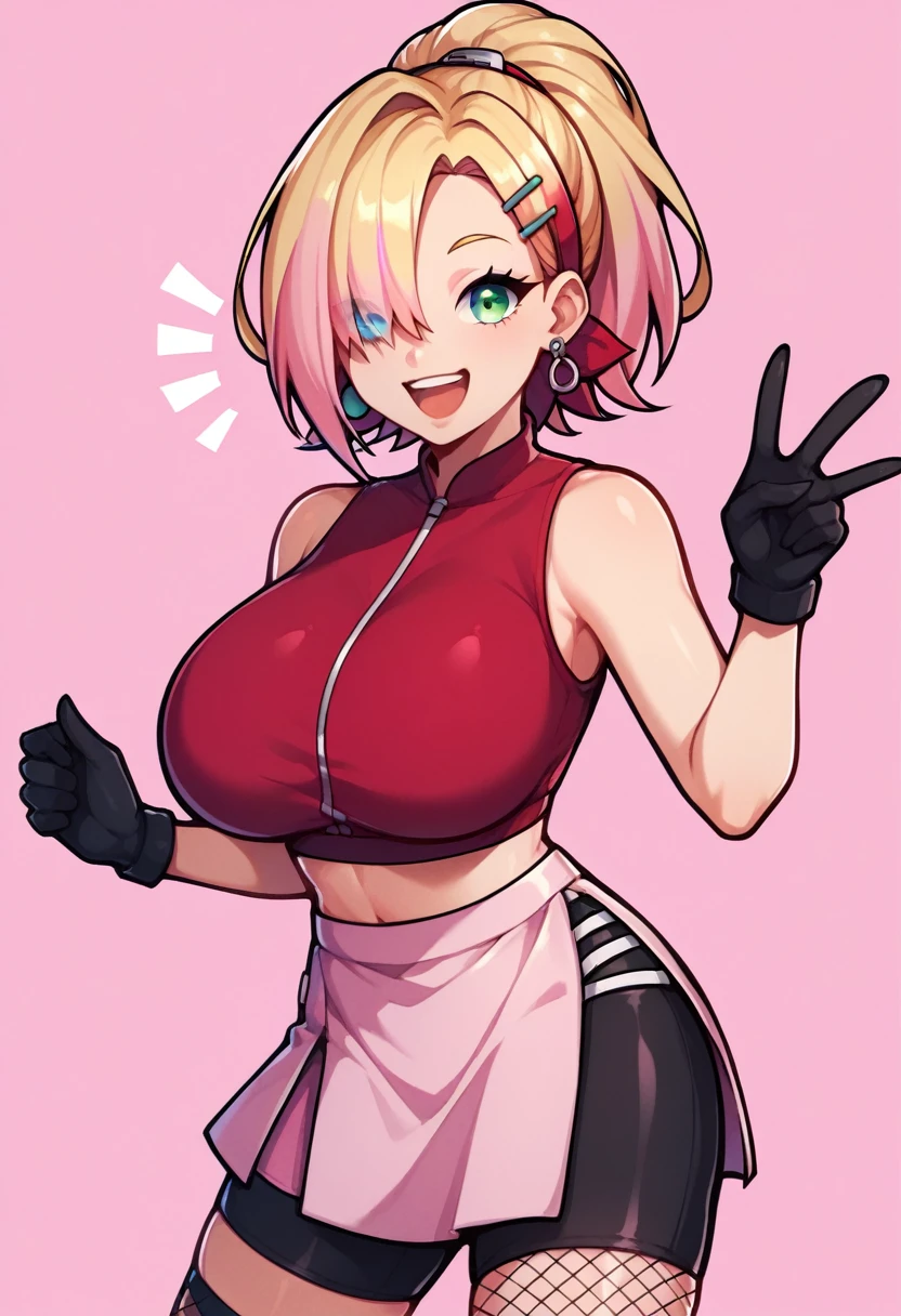 score_9, score_8_up, score_7_up,score_6_up, score_5_up, score_4_up , 1girl, solo, huge breasts,  spl1th41r, two tone hair, ((Split hair)), ((pink hair)), ((blonde hair)). heterochromia, green eyes and blue eyes, haruno sakura, short, hair, forehead protector, sleeveless, red shirt, bike shorts, shorts, black gloves, yamanaka ino, hair over one eye, ponytail, hairclip, purple crop top, sleeveless, purple skirt, fishnets, earrings, happy, cowboy shot, simple background