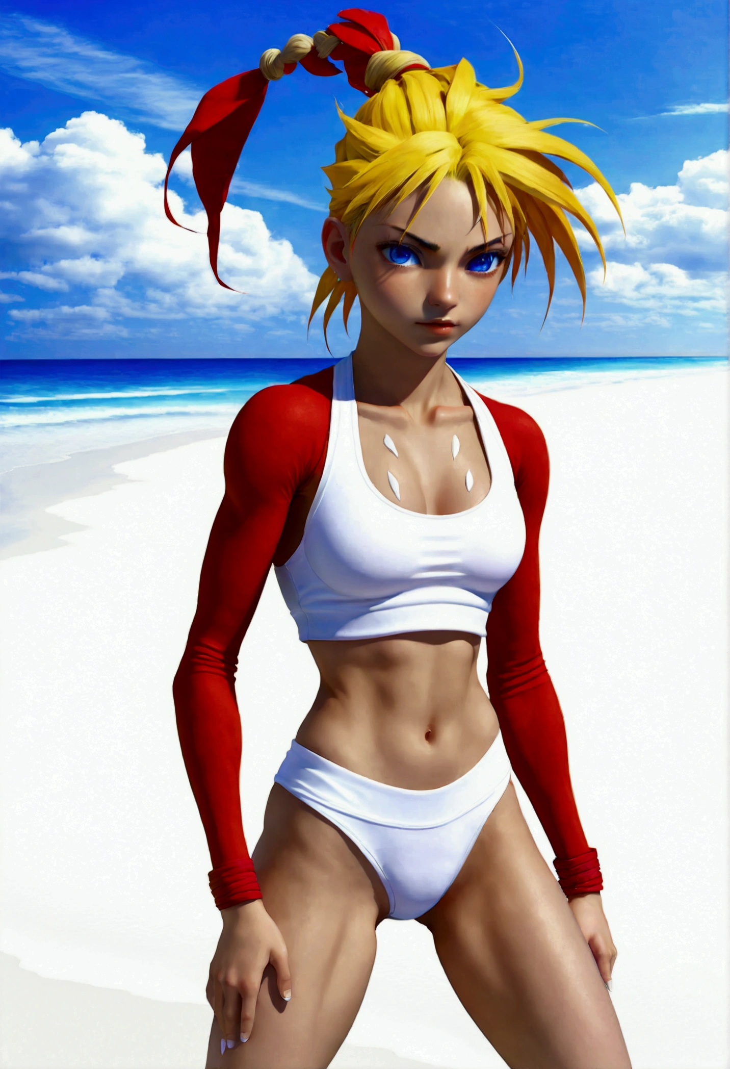 (promotional art), (Whole body view), (Kid from Chrono Cross:1.4), yellow hair in high ponytail braid, sapphire blue eyes, very slender toned frame, medium/large bust, pale white skin, (pair of white claw marks on both inner thighs;1.3), fierce expression, BREAK: (tight red micro skirt with very high front slit), high cropped red jacket with short sleeves, skin tight white sports bra under jacket, (tight white sports bra:1.25), loose brown leather ankle boots, BREAK: 1/4 walking pose, on a white sand beach, ocean spray shooting up behind her