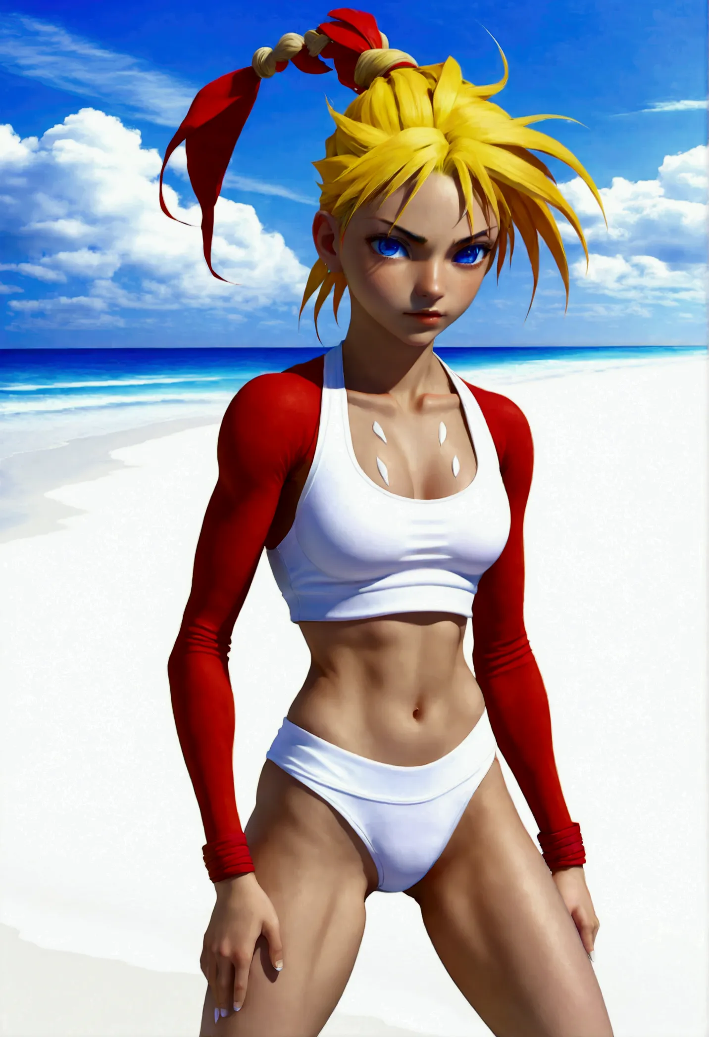 (promotional art), (whole body view), (kid from chrono cross:1.4), yellow hair in high ponytail braid, sapphire blue eyes, very ...