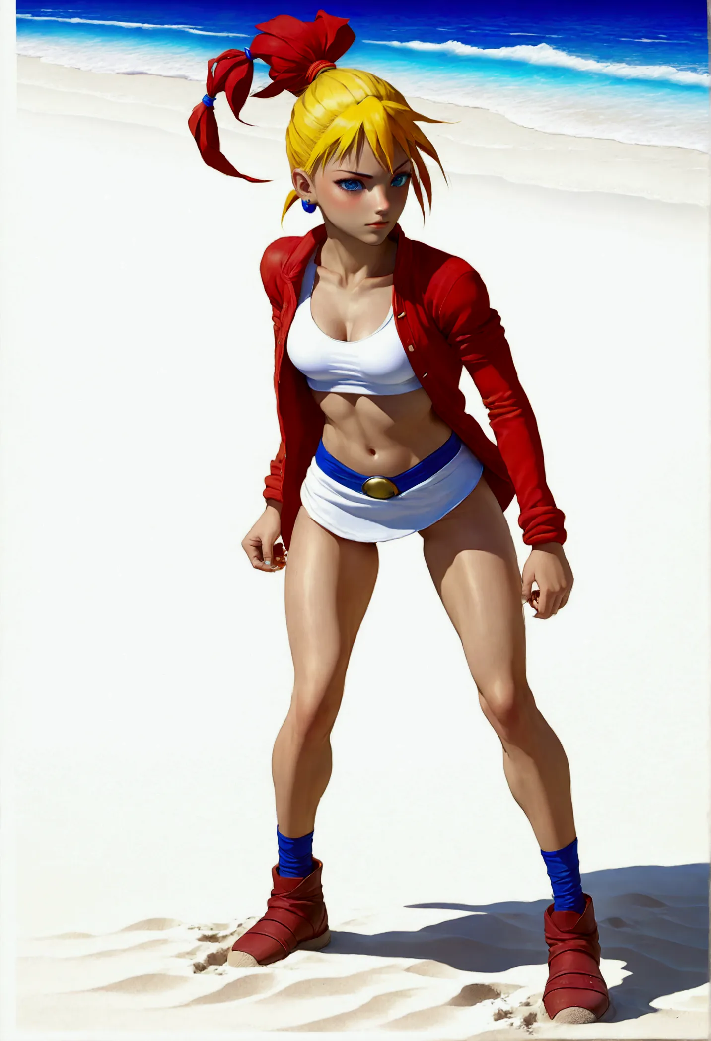 (promotional art), (whole body view), (kid from chrono cross:1.4), yellow hair in high ponytail braid, sapphire blue eyes, very ...