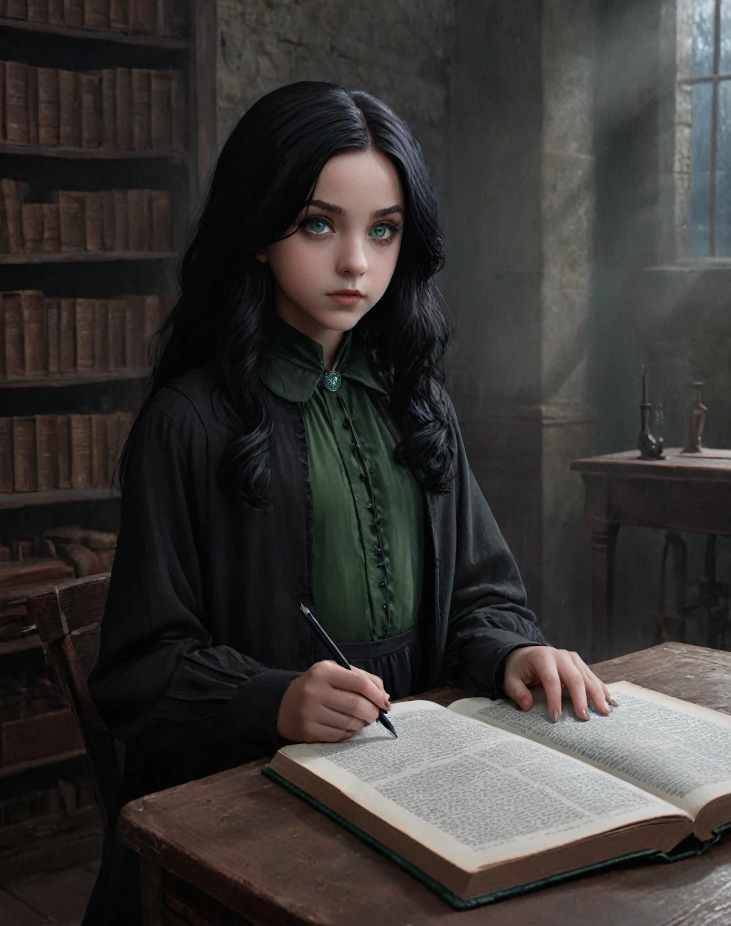 1 girl, young 11 year old girl,daughter of severus snape, green eyes , black hair, Dans le style scretch (noir et blanc), femme de face, entrain de lire un livre, background, des mains de monstres et de zombies, Detailed and technical drawing,