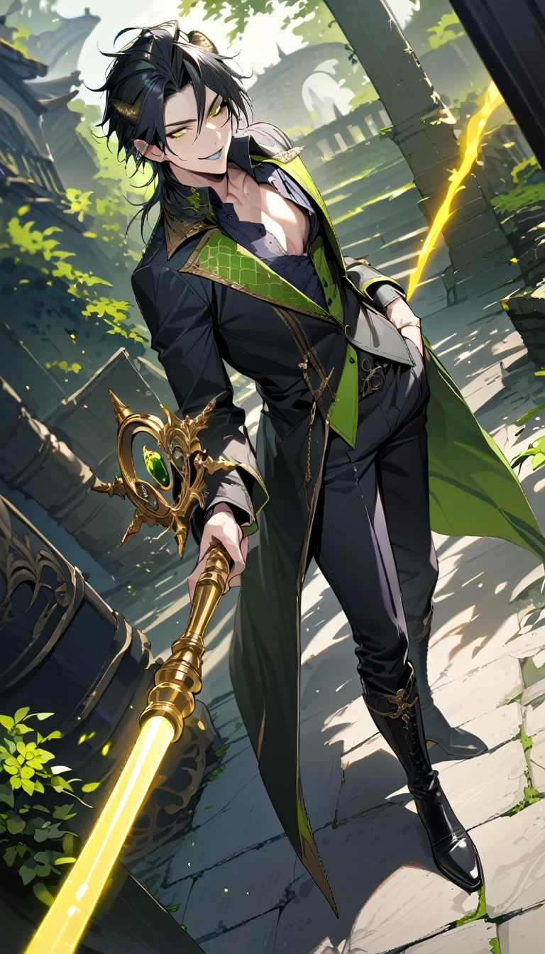 masterpiece, highres, absurdres, illustration, ((masterpiece:1.4, best quality)), (Ultra detailed background), full body shot, 1boy, magical long wand, Knee-high boots, unbuttoned shirt, handsome man, highly detailed beautiful face and eyes, beautiful eyes, (sharp detail:1.3), shiny, 1boy, dynamic angle, malleus draconia (twisted wonderland) horns, bishounen, boy, male, yana Toboso style, long hair, black hair, yellow green eyes, smile, gray lips, handsome, skinny, tall, yellow green glow,