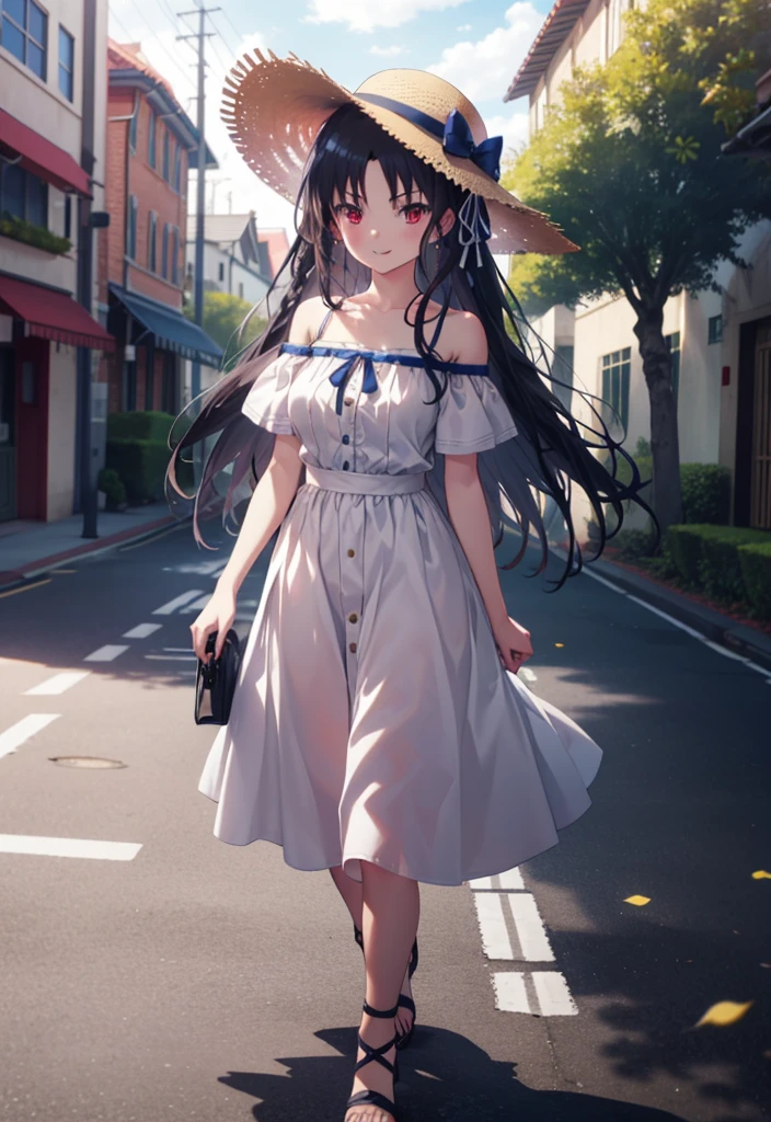 Suzune Horikita, suzune horikita, Long Hair, Black Hair, (Red eyes:1.3), Hair Ribbon, Braiding,blush,smile,Straw hat,Cold Shoulder Shirt,Short sleeve,Long skirt,Cute heeled sandals,Walking,whole bodyがイラストに入るように,
break outdoors, Building district,
break looking at viewer, whole body,
break (masterpiece:1.2), Highest quality, High resolution, unity 8k wallpaper, (figure:0.8), (Beautiful attention to detail:1.6), Highly detailed face, Perfect lighting, Highly detailed CG, (Perfect hands, Perfect Anatomy),