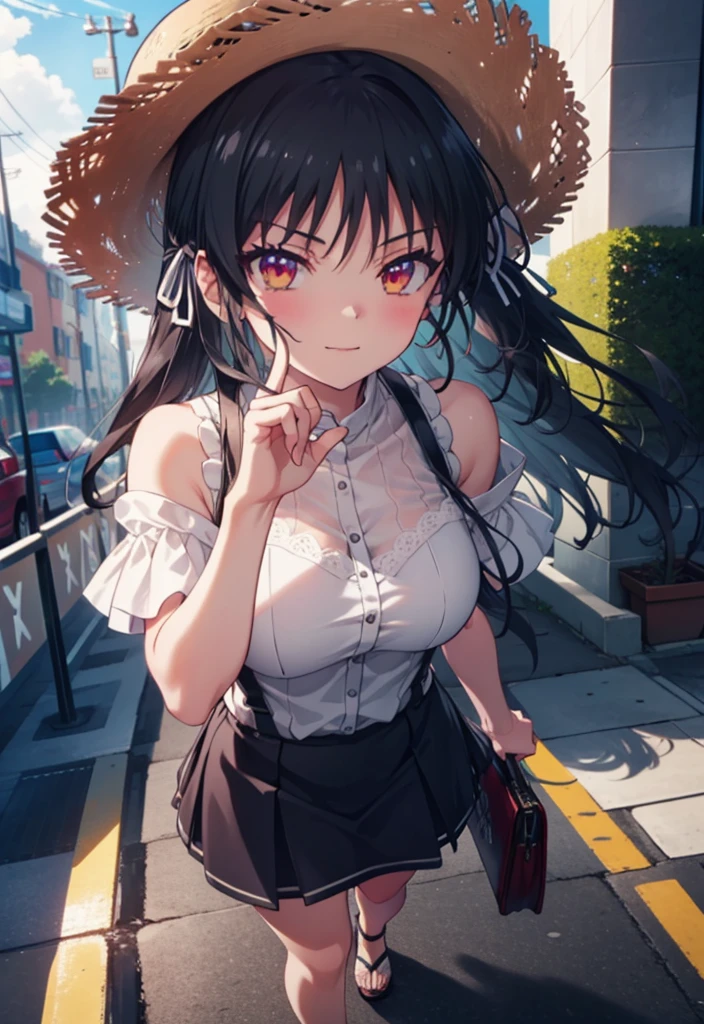 Suzune Horikita, suzune horikita, Long Hair, Black Hair, (Red eyes:1.3), Hair Ribbon, Braiding,blush,smile,Straw hat,Cold Shoulder Shirt,Short sleeve,Long skirt,Cute heeled sandals,Walking,whole bodyがイラストに入るように,
break outdoors, Building district,
break looking at viewer, whole body,
break (masterpiece:1.2), Highest quality, High resolution, unity 8k wallpaper, (figure:0.8), (Beautiful attention to detail:1.6), Highly detailed face, Perfect lighting, Highly detailed CG, (Perfect hands, Perfect Anatomy),