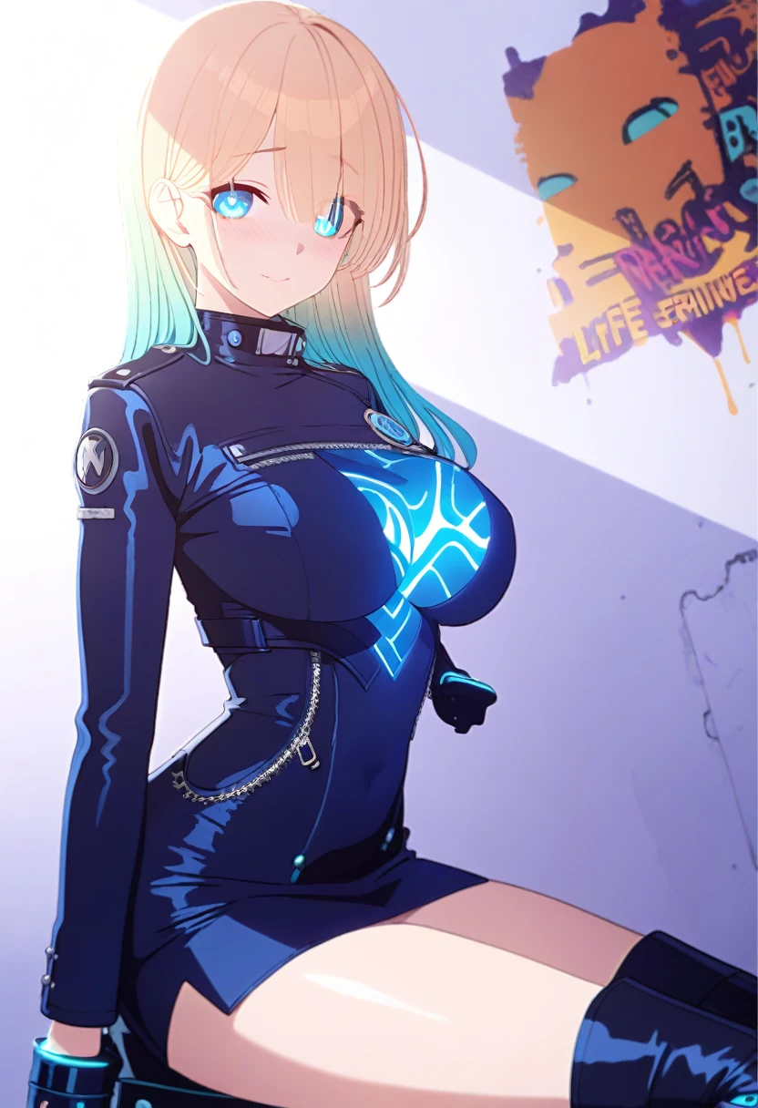 One Girl、Orange Hair、blue eyes、White Line Gradient Hair、Bangs are straight,Detailed Background, masterpiece,Small breasts、 Highest quality, smile, ornament,Portraiture, Blue Neon, graffiti, Glowing Eyes, Highest quality, One Girl,((美しいOrange Hair色))、(Emerald blue eyes:1.5), , Yellow hair growing on the eye, (Large Breasts:1.2), break looking at viewer, break indoors, break (masterpiece:1.2), Highest quality,High resolution, (shape:0.8), (Beautiful and beautiful eyes:1.6), Highly detailed face, Perfect lighting, Detailed CG, (Perfect hands, Perfect Anatomy)、Wistful face、Haa、Embarrassing expression(1:2)、Rough I breatheing、(((Legs wide open)))、(((White Background)))、White Background、Red face、blush、Embarrassing、Vtuber model,whole body、I breathe、(((Life-size model)))、panic、(((Platform boots)))、panic、((whole body))、Perfect hands、Perfect hands、Platform boots、Black patent leather tight jacket、Black patent leather tight skirt