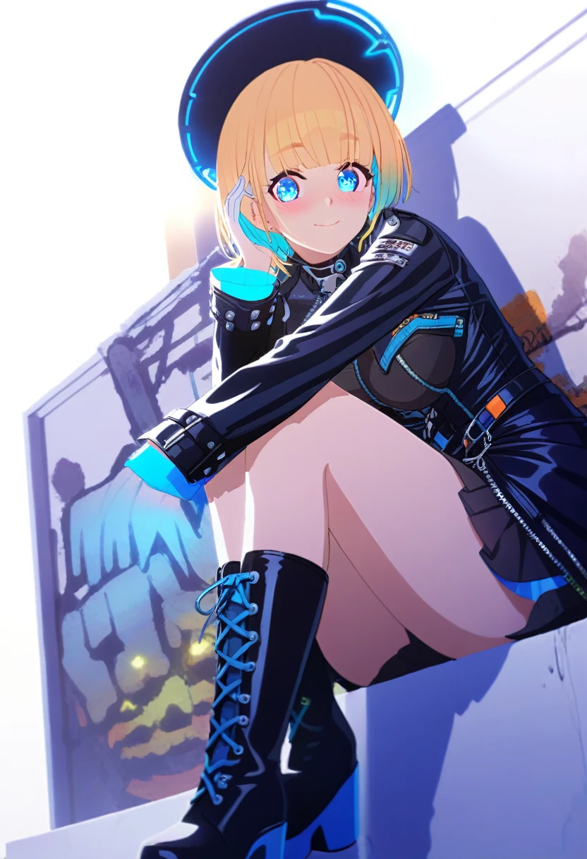 One Girl、Orange Hair、blue eyes、White Line Gradient Hair、Bangs are straight,Detailed Background, masterpiece,Small breasts、 Highest quality, smile, ornament,Portraiture, Blue Neon, graffiti, Glowing Eyes, Highest quality, One Girl,((美しいOrange Hair色))、(Emerald blue eyes:1.5), , Yellow hair growing on the eye, (Large Breasts:1.2), break looking at viewer, break indoors, break (masterpiece:1.2), Highest quality,High resolution, (shape:0.8), (Beautiful and beautiful eyes:1.6), Highly detailed face, Perfect lighting, Detailed CG, (Perfect hands, Perfect Anatomy)、Wistful face、Haa、Embarrassing expression(1:2)、Rough I breatheing、(((Legs wide open)))、(((White Background)))、White Background、Red face、blush、Embarrassing、Vtuber model,whole body、I breathe、(((Life-size model)))、panic、(((Platform boots)))、panic、((whole body))、Perfect hands、Perfect hands、Platform boots、Black patent leather tight jacket、Black patent leather tight skirt