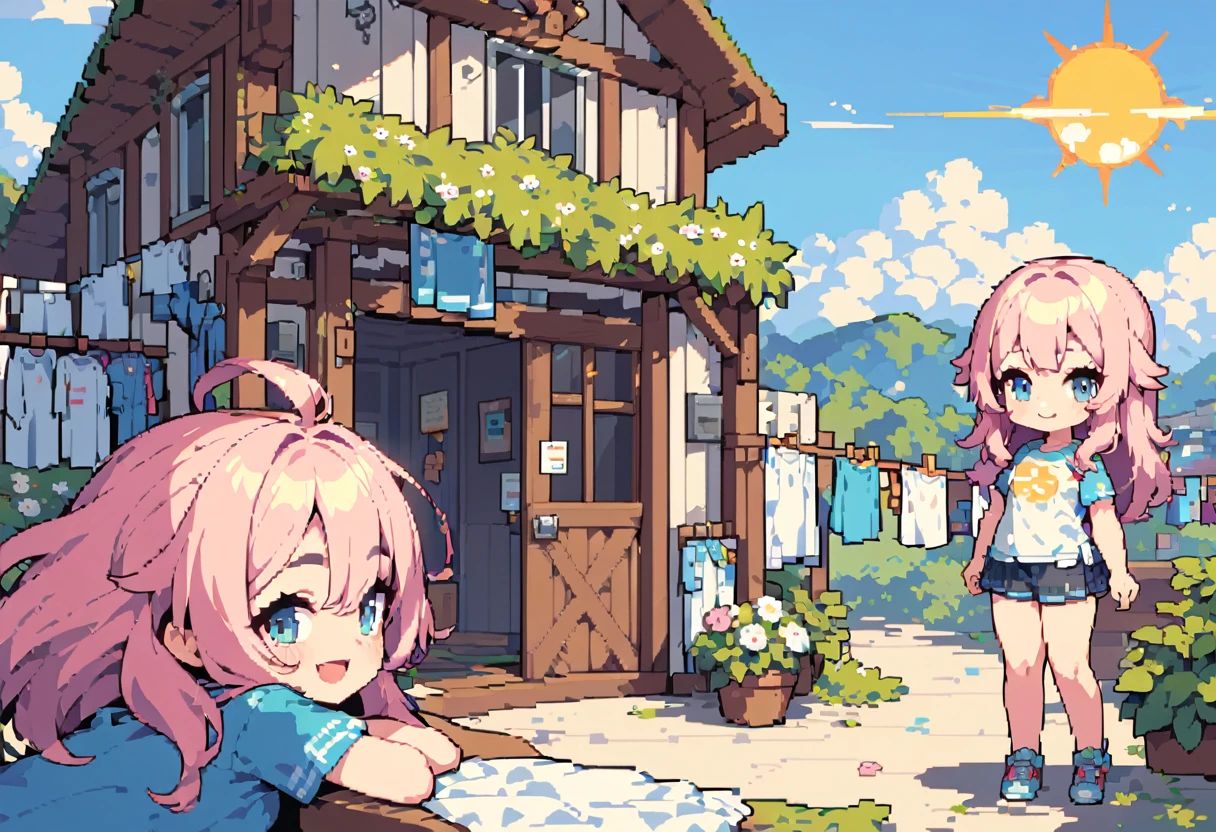 masterpiece, Highest quality, 8k, Pixel art, Pixel art, Vivid, high details, (((1girl))), young woman, smile, cute, Directed at an angle, Open your mouth, Fluffy hair, Long Hair, Hair like sheep's hair, Pink Hair, eyebrow, 太いeyebrow, Hanging out the laundry, Large white sheets, Clothesline, sun, blue sky