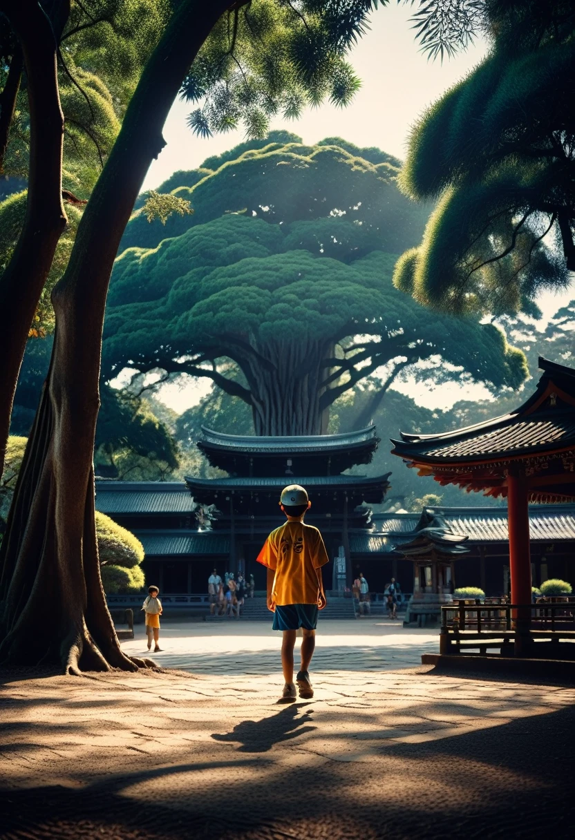 1960s Japanese landscape, Shinto shrine grounds, large banyan tree, boy catching cicadas, strong contrast of dappled sunlight, deep shadows, boy wearing baseball cap, running shirt and shorts, cicada chirping loudly, professional camera, professional lighting, cinematic, high quality, hyper realistic, dramatic lighting, warm color tones, atmospheric, intricate details, volumetric lighting, photorealistic, masterpiece, 8k, sharp focus, physically-based rendering, vibrant colors.