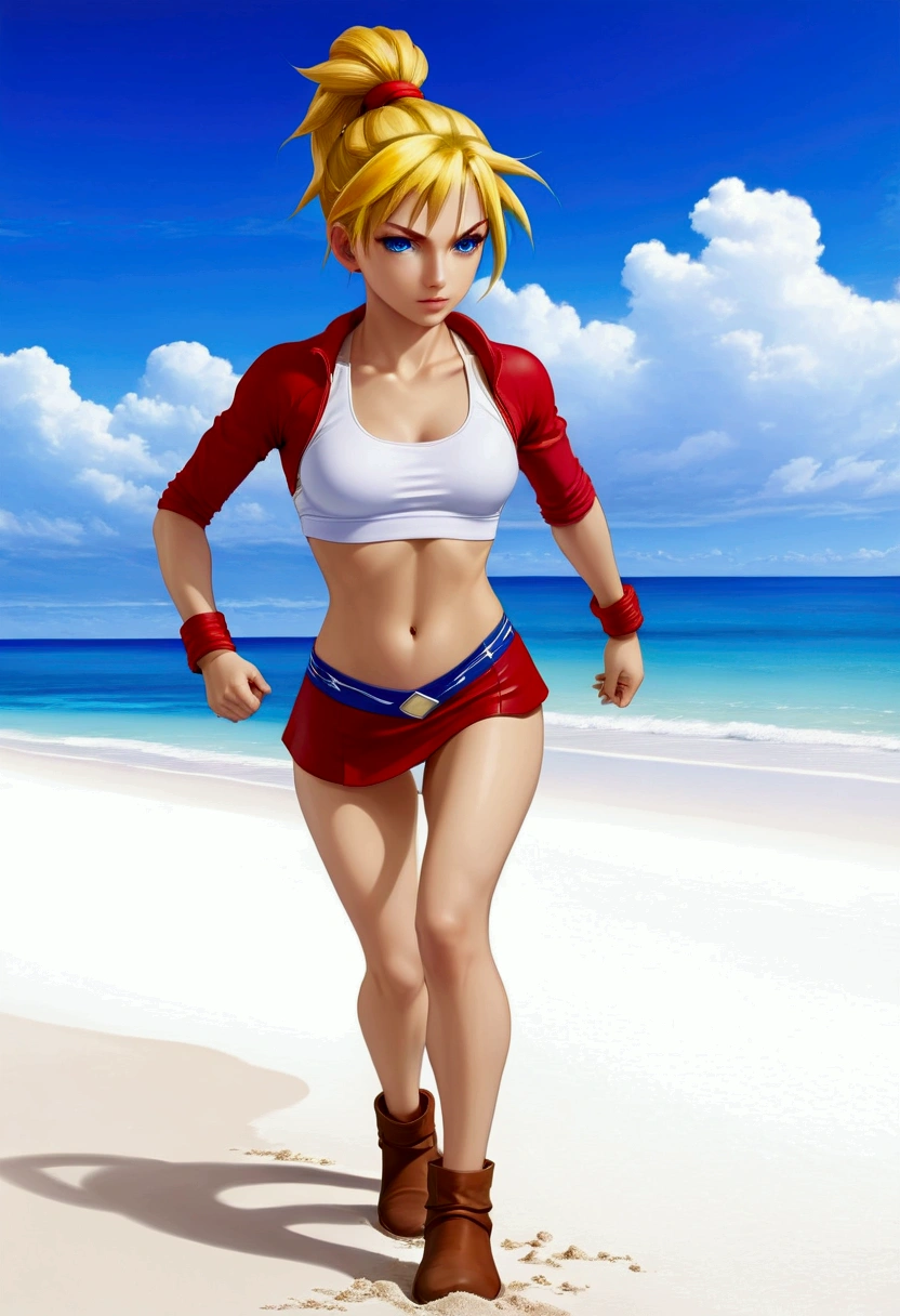 (promotional art), (Whole body view), (Kid from Chrono Cross), yellow hair in high ponytail braid, sapphire blue eyes, very slender toned frame, medium/large bust, pale white skin, (pair of white claw marks on both inner thighs;1.3), fierce expression, BREAK: (tight red micro skirt with very high front slit), high cropped red jacket with short sleeves, skin tight white sports bra under jacket, (tight white sports bra:1.25), loose brown leather ankle boots, BREAK: 1/4 walking pose, on a white sand beach, ocean spray shooting up behind her