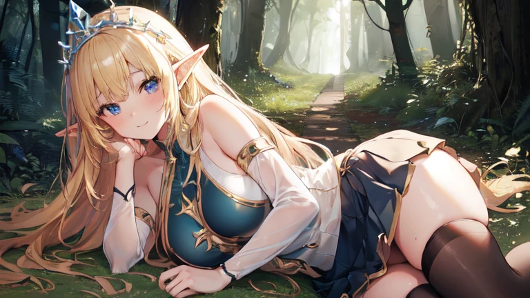 best quality、Highest image quality、Super beautiful elf beauty((22-year-old OL with big bust、Bust 90,Beautiful long permed hair、Blonde、Slender、beautiful tiara、high quality、Elf ears、Happy smile、myth、Sexy的、extremely good、Mysterious Forest、in the woods、super high quality, Super detailed, Ultra-clear, forest, one person, long blonde hair, sleep, Swimsuit, beautiful color clothes, mini skirt, Stockings, Sexy,