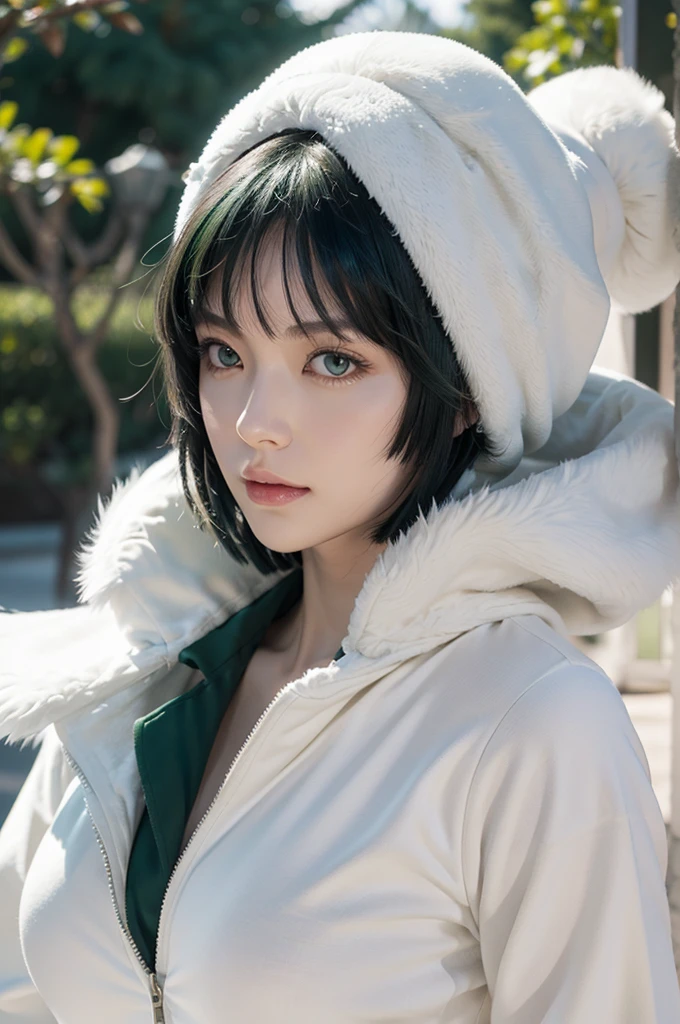 Fubuki from opm, realistic, age 28, pure white skin, green eyes, dark green bob hair, white fur neck collor, green coat, perfect face, perfect shape body, extra large stif breasts, clothes covered upper body, 3d, front side pose