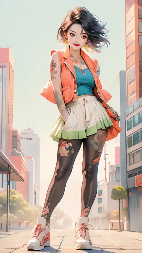 android 18，colorful gradient short hair half covering the face，smile，printed vest，fashion long skirt，fashion，large breasts：1.4，c...