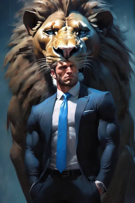 sam spratt style – the man is beautiful and the lion is super realistic. he wears a black suit and a blue tie, and the lion lean...