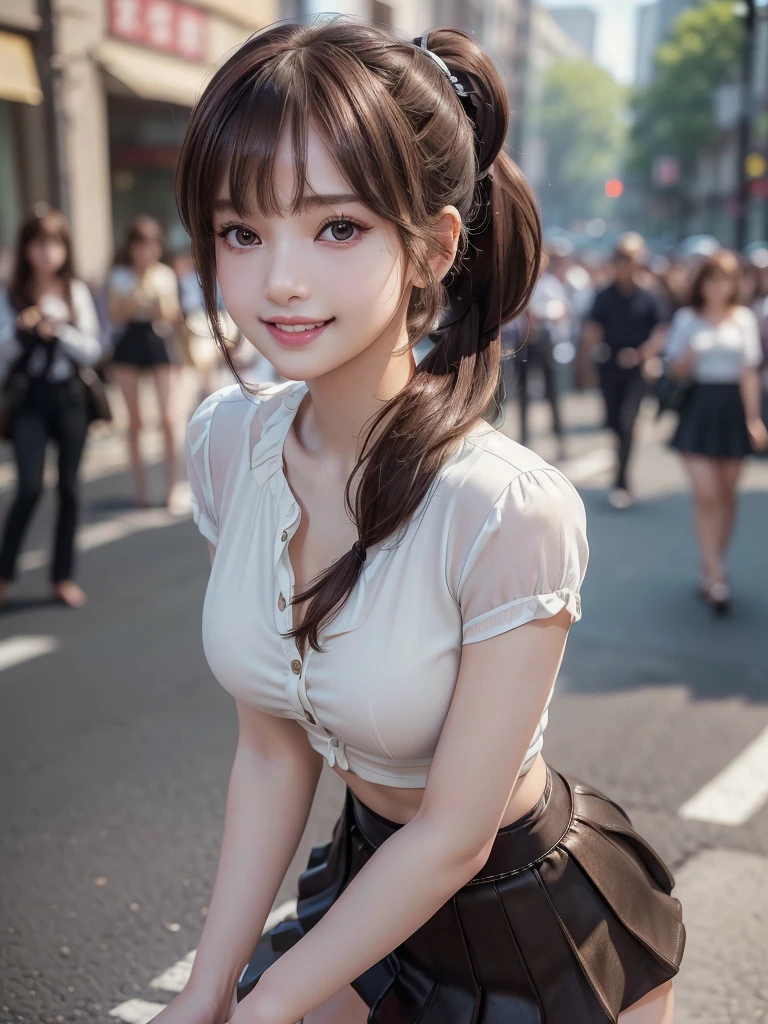 (8k, RAW Photos, Highest quality, masterpiece:1.2), (Realistic, photo-Realistic:1.4), (extremely detailed 8k wallpaper), ((Full Body Shot)), (((1 girl))), Sharp focus, Cinema Lighting, Soft Light, (Delicate and beautiful eyes, Very beautiful 17 year old gal, innocent big 目s, Realistic, photo Realistic, Highly detailed cute girl, (Thin thighs), (Model body type), Slightly larger breasts、The top button of the blouse is undone.、(Brown Hair), (ponytail), (Asymmetrical bangs), ((smile)), Glowing Skin, ultra high density skin ,Detailed hairstyle, Facial beauty with attention to detail, Perfect female body,(mini skirt), The audience is watching, (Crowded street:1.3)、Side Shot、Buckshot、Perky butt、Dynamic Movement