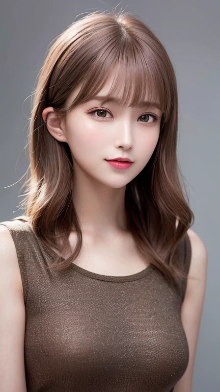 Highest quality, Ultra-high resolution, (Realistic:1.4), One Girl, High nose bridge, short hair, (Outside Bounce), drooping bangs, Flat Chest, smile, (True Face), (24-years-old:1.5), Face Focus,Bronze colored hair