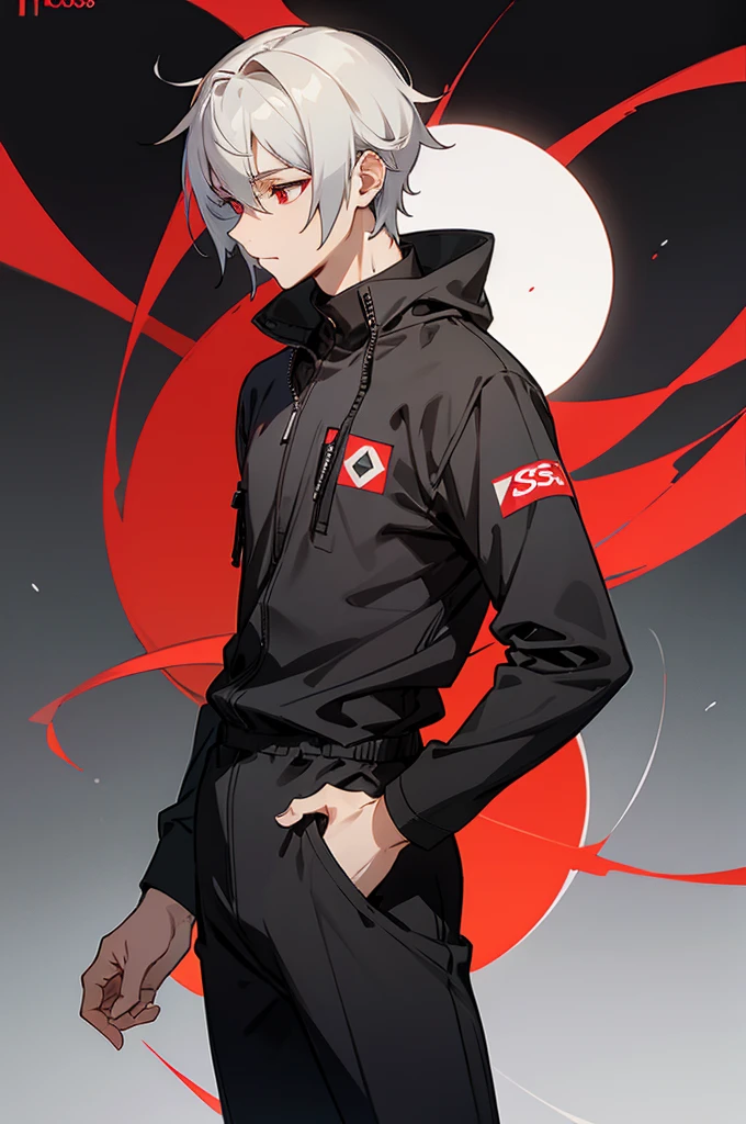 male, young adult, White Hair, Red eyes, Black and gray jumpsuit, SOS Logo.