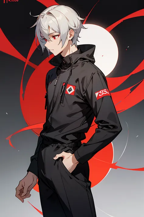 male, young adult, white hair, red eyes, black and gray jumpsuit, sos logo.