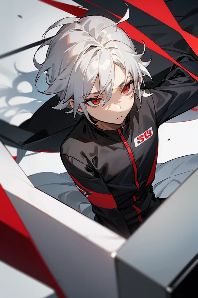 male, young adult, White Hair, Red eyes, Black and gray jumpsuit, SOS Logo.