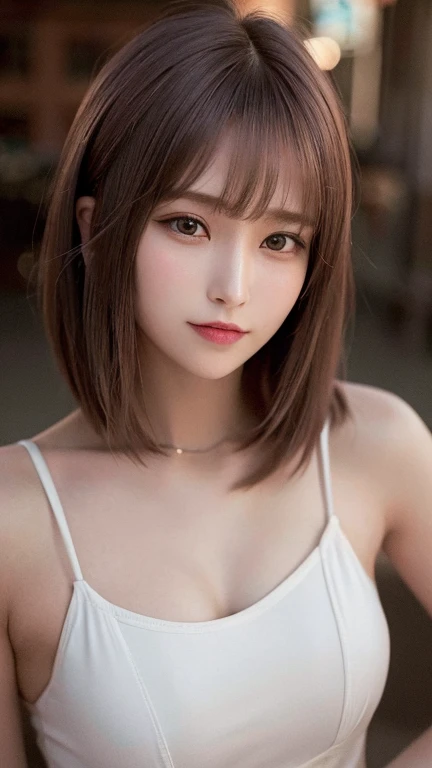 Highest quality, Ultra-high resolution, (Realistic:1.4), One Girl, High nose bridge, short hair, (Outside Bounce), drooping bangs, Flat Chest, smile, (True Face), (24-years-old:1.5), Face Focus,Bronze colored hair