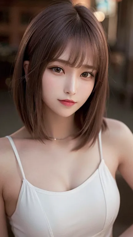 highest quality, ultra-high resolution, (realistic:1.4), one girl, high nose bridge, short hair, (outside bounce), drooping bang...