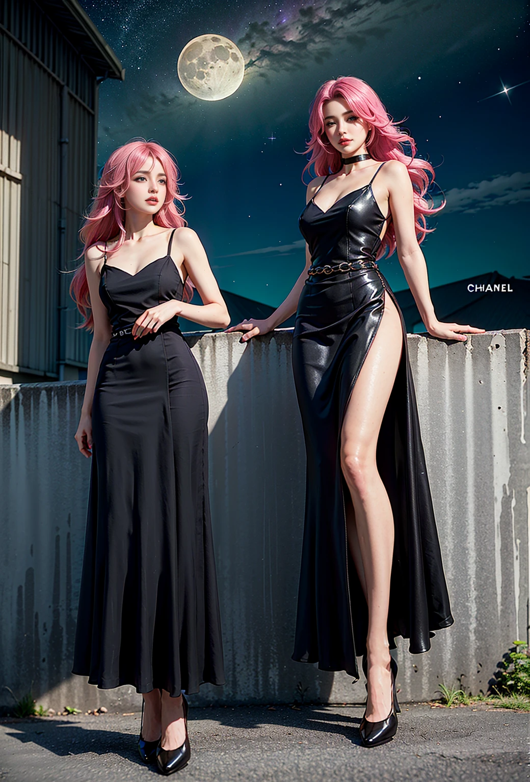 (masterpiece: 1.4), (Best quality: 1.4), (nonsense: 1.4), Pin up, , Yad_long_hair_Aiwaifu, Yad_long_hair_Aiwaifu, spiky hair, It has, big hair, Very_long_hair, pink hair, pink_hair, big_hair, ((black dress, fitting dress, linen dress, white black high heel, high heel, lane, night, Milky Way, stars, moon, lane at night, Building, Walls with graffiti, Brick wall, Houses, Chanel))