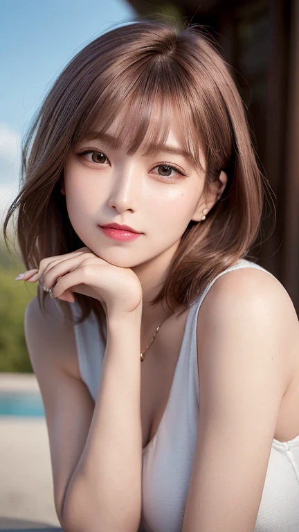 Highest quality, Ultra-high resolution, (Realistic:1.4), One Girl, High nose bridge, short hair, (Outside Bounce), drooping bangs, Flat Chest, smile, (True Face), (24-years-old:1.5), Face Focus,Bronze colored hair