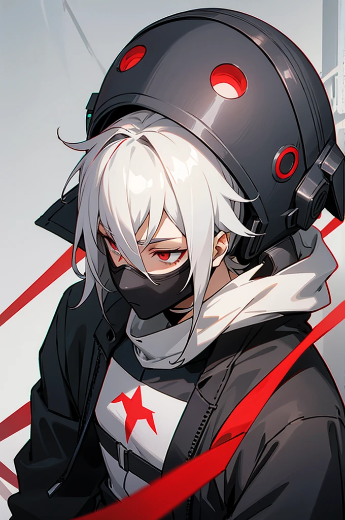 male, young adult, White Hair, Red eyes, Black and gray jumpsuit, SOS Logo, masked face and helmet.