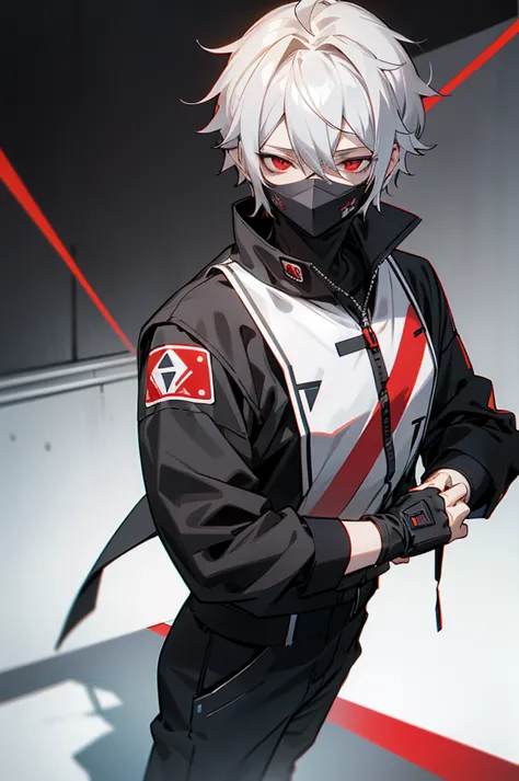 male, young adult, white hair, red eyes, black and gray jumpsuit, sos logo, masked face and helmet.