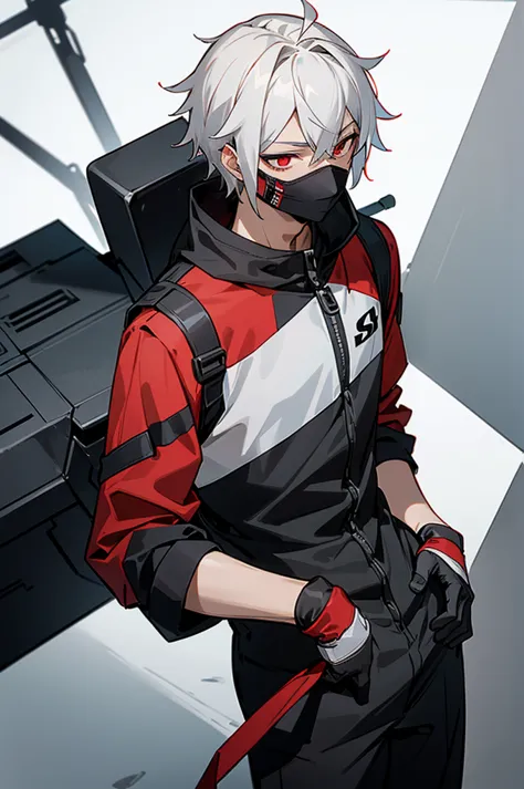 male, young adult, white hair, red eyes, black and gray jumpsuit, sos logo, masked face and helmet.