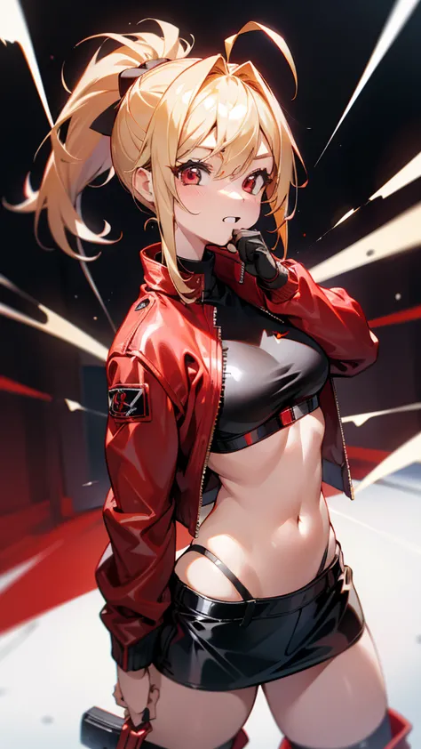 one girl、solo、shiny blonde hair、ponytail、red eyes full of joy、ahoge、wearing a red leather jacket、inside the jacket is wearing a ...