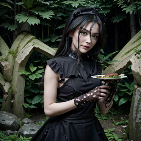 wearing a black maid uniform in a garden holding a tray with food with white gloves in her hands. queen chrysalis