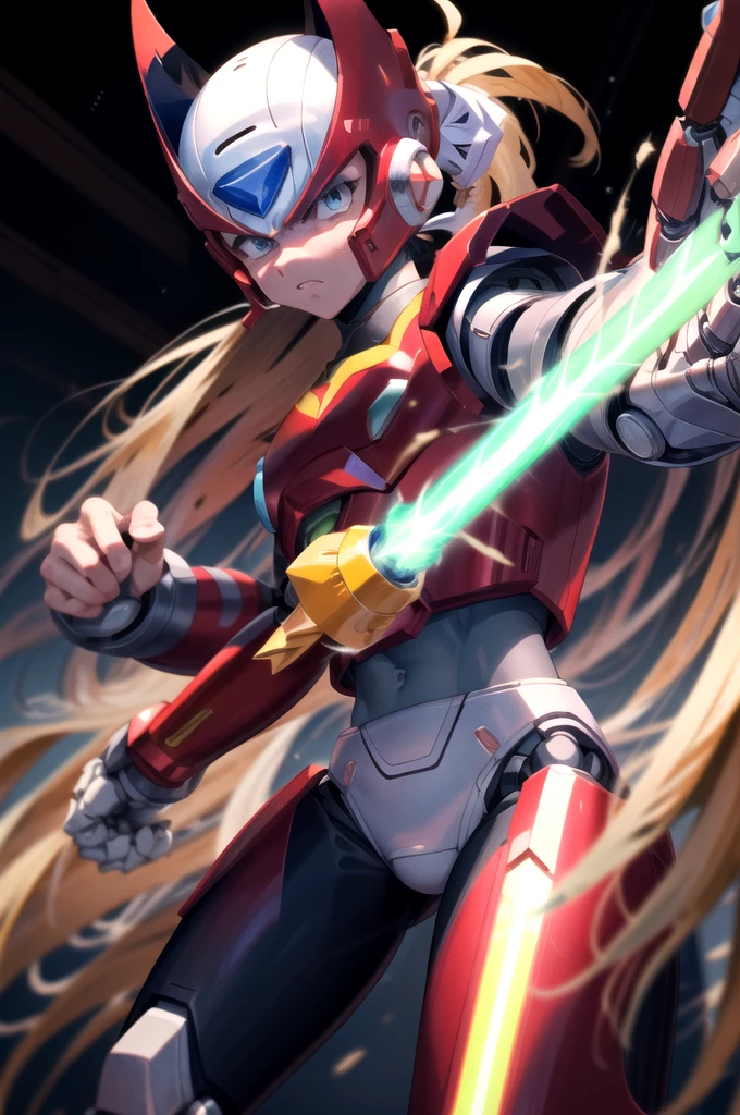 masterpiece,best quality,1boy,(solo),male focus,zero_megamanx,mature male,muscular,blue eyes,blonde hair,ponytail,very long hair,long hair,helmet,android,holding weapon,((holding beam saber)),serious,red theme,mechanical parts,robot joints,headgear,fighting stance, disgusted face, 