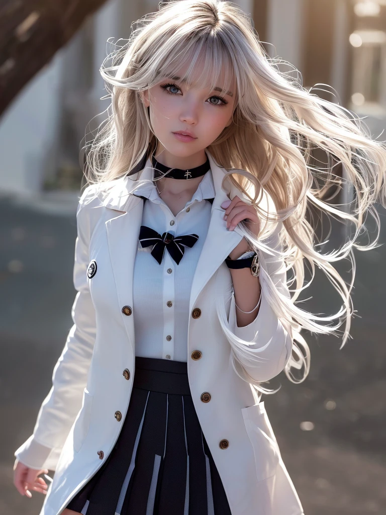 Multi-layered outfit,((half white lab coat outside)),(sailor collar school uniform),shirt, pleated skirt,(black pantyhose),[:(detailed face:1.2):0.2], raw photo, (masterpiece), (best quality), highres, (realistic, photo-realistic:1.2), ultra detailed, physically-based rendering, 1girl, air bangs, long hair, (silvery hair), wavy hair, 