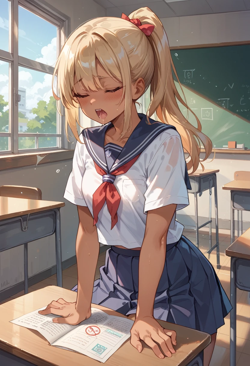 masterpiece, best quality, ultra detailed,1 girl, 16 years old,high school girl,((nsfw)), orgasm,high school uniform, tan skin, ponytail,classroom