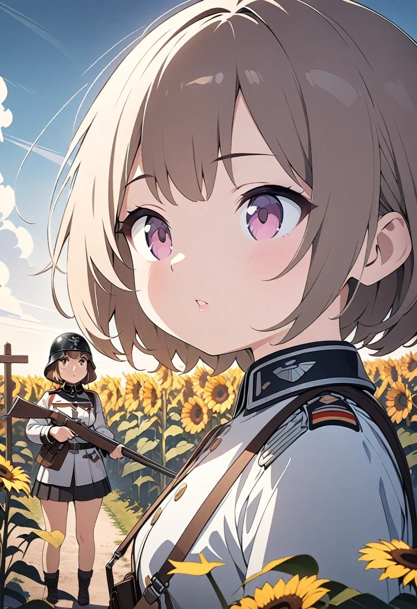 a small girl, messy brown hair, beautiful detailed eyes, beautiful detailed lips, extremely detailed face and features, wearing an old German military helmet and uniform, holding a detailed rifle, standing in a sunflower field, looking at a tall signpost at a crossroads, (The girl is looking at the signpost:1.2),A white rabbit is looking at a signpost with a girl, Side shot,highly detailed, masterpiece, best quality, 4k, 8k, ultra-fine painting, CG animation illustration, vivid colors, dramatic lighting, cinematic composition