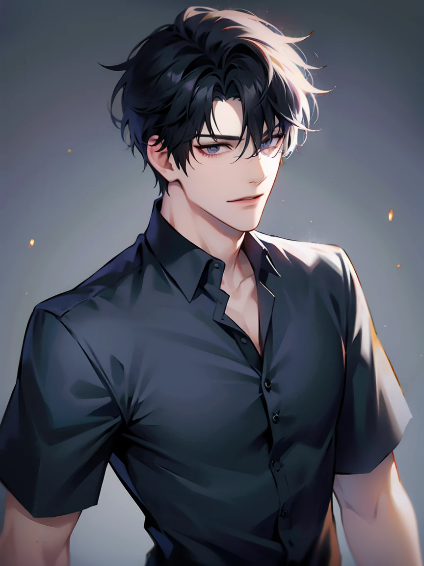 (masterpiece, 8k, high quality, best quality:1.6), 1boy, solo, short hair, black hair, asymmetrical fringe, purple eyes, handsome, sharp eyes, (mature male, mature:1.2), male focus, fashionable, tucked in open white collared shirt, gray pants, necklace, close up, smile, long eyelashes, soft shadows, perfect anatomy, hand touching viewer 