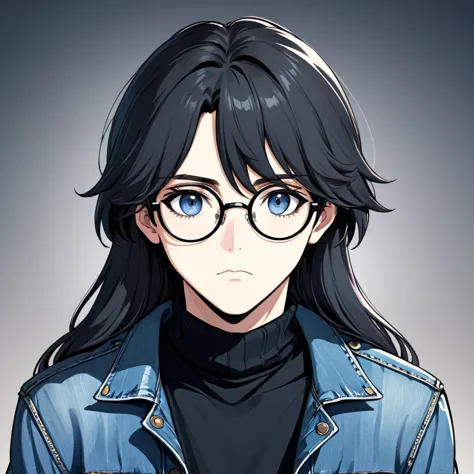 manga style, draw, art, handsome boy, bitch face, circle glasses, lazy eyes, empty eyes, long hair, looking at viewer, denim jac...