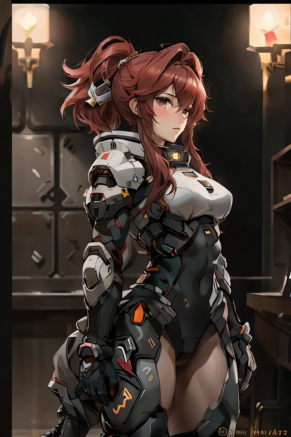 ((best quality)), ((Masterpiece)), (details:1.4), 3d, HDR (high dynamic range), an image of a beautiful cyberpunk female, Hight ponytails, red hair, White eyes, จมูกโด่ง, ปากแดง, nvidia RTX, PBR surface, After processing, Anisotropic filtration,depth of field, Maximum clarity and clarity, multi-layered surface, Subsurface scattering, perfect proportions, 8K raw files, ความละเอียดสุดยอด, Unreal 5, Perfect proportions, Octane Render, Two-tone lighting, Wide aperture, Low ISO, รายละเอียดดวงตา, crusader, Heavy Black armor, Fierce, Black helmet