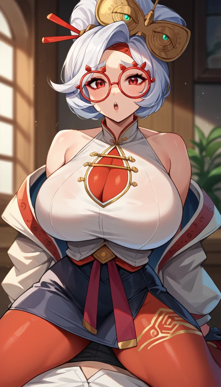 score_9, score_8_up, score_7_up, score_6_up, score_5_up, score_4_up, (source_anime), purah, 1girl, huge breasts, narrow waist, thick thighs, hair ornament, red headband, red glasses, sleeveless shirt, white coat, black skirt, red leggings, gloves, high heels, looking at viewer, blurry background,Spread legs(((NSFW)))((cowgirl position))