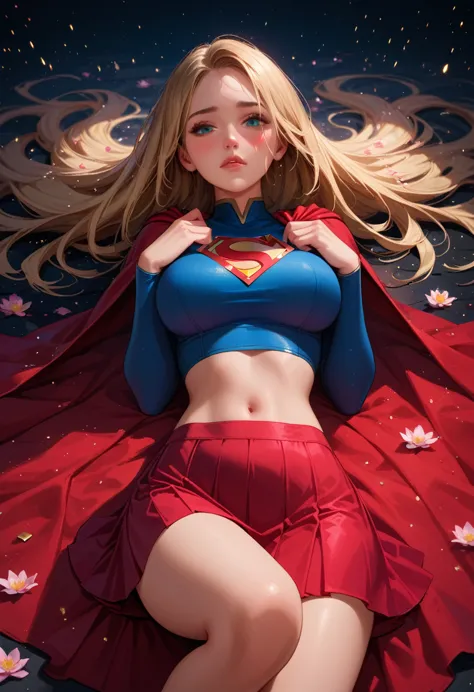 score_9, score_8_up, score_7_up, 1girl, supergirl, view from above, blonde hair, long hair, blue eyes, blush, laying, posing, fl...