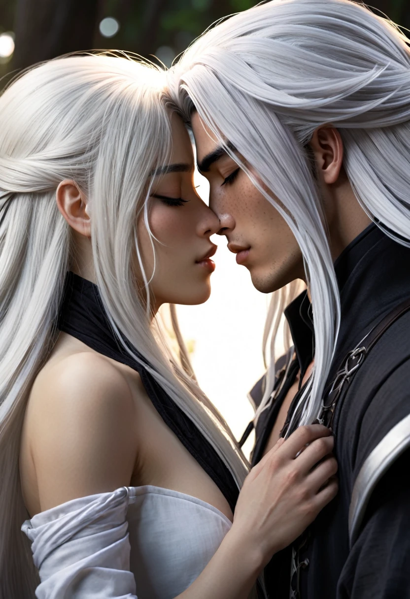 full faraway view, Stunning dark fantasy 25 year old anime male assassin, with long black hair freckled skin, intimately kissing, a 25 year old male anime druid, handsome, with long white hair, eyes closed, facial expressions of lust, Dark fantasy romantic semirealistic manga comic style. Volumetric and dynamic lighting. Hyperdetailed photorealistic hyperrealistic