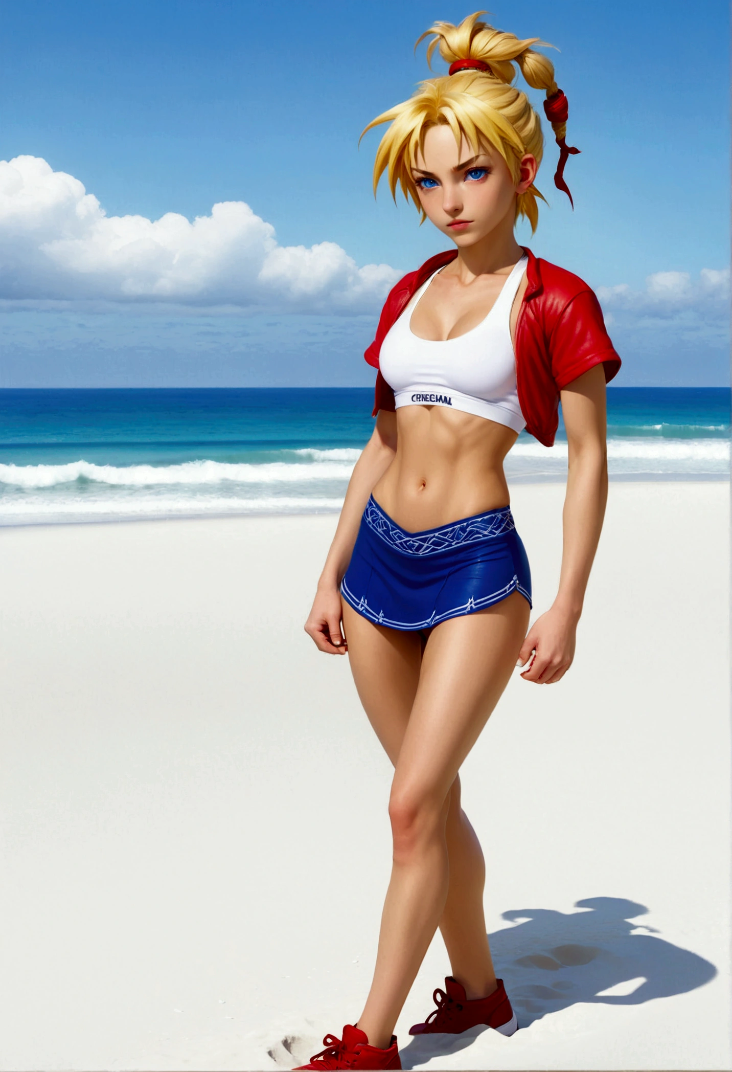 (promotional art), (Whole body view), (Kid from Chrono Cross), yellow hair in high ponytail braid, sapphire blue eyes, very slender toned frame, medium/large bust, pale white skin, (pair of white claw marks on both inner thighs;1.3), (strong glutes), fierce expression, BREAK: (tight red micro skirt with very high front slit), high cropped red jacket with short sleeves, skin tight white sports bra under jacket, (tight white sports bra:1.25), loose brown leather ankle boots, BREAK: 1/4 walking pose, on a white sand beach, ocean spray shooting up behind her