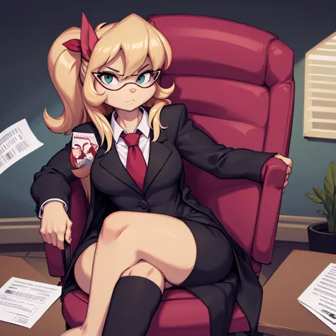 callie briggs sitting in an office in a black suit and red tie sitting in a chair in front of a desk reading some papers