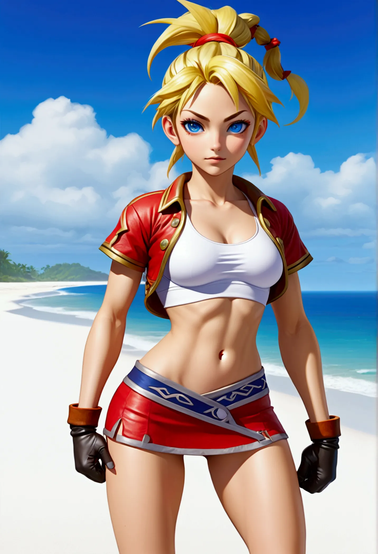 (promotional art), (whole body view), (kid from chrono cross), yellow hair in high ponytail braid, sapphire blue eyes, very slen...