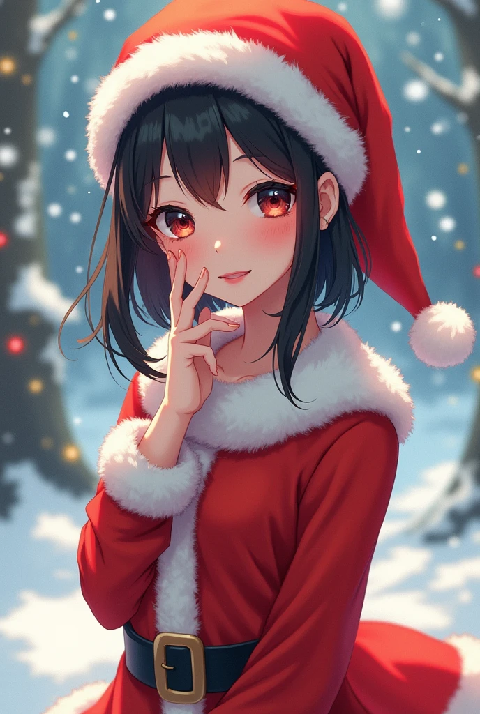 a 25 years old girl, detailed cutie face, Beautiful, evenly balanced, detailed eyes, detailed dropped eyes, beautiful charming smile, extremely detailed face,slender body,short hair,anime style, (Santa Claus costume：2.0)