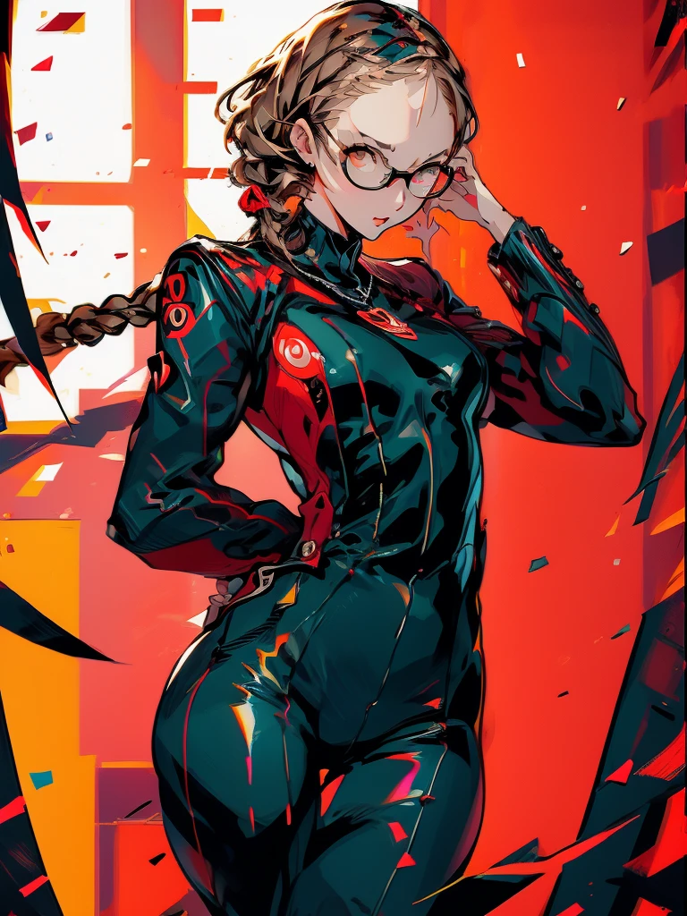 ((chibi)), big head, focus face, in the art style of persona5, (masterpiece:1.2, highest quality), (Realistic, photoRealistic:1.4), Beautiful illustrations, (Natural Side Lighting, Cinema Lighting), Written boundary depth, Beautiful thighs staring at the viewer, 1 female, 20-year-old, alone, thin, slender, (small breasts), short Hair, straight Hair, ((single braid)), Forehead, Forehead, Forehead, Forehead, thin, slender, glasses, ((wearing a leather catsuit)), Are standing, (((glasses))), ((Close-up)), ((Close-up)), ((Close-up))