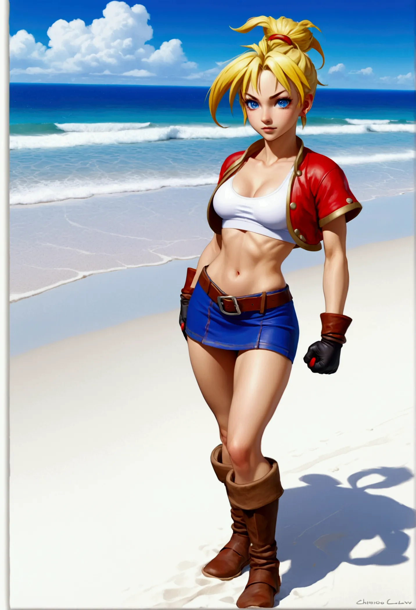 (promotional art), (whole body view), (kid from chrono cross), yellow hair in high ponytail braid, sapphire blue eyes, very slen...