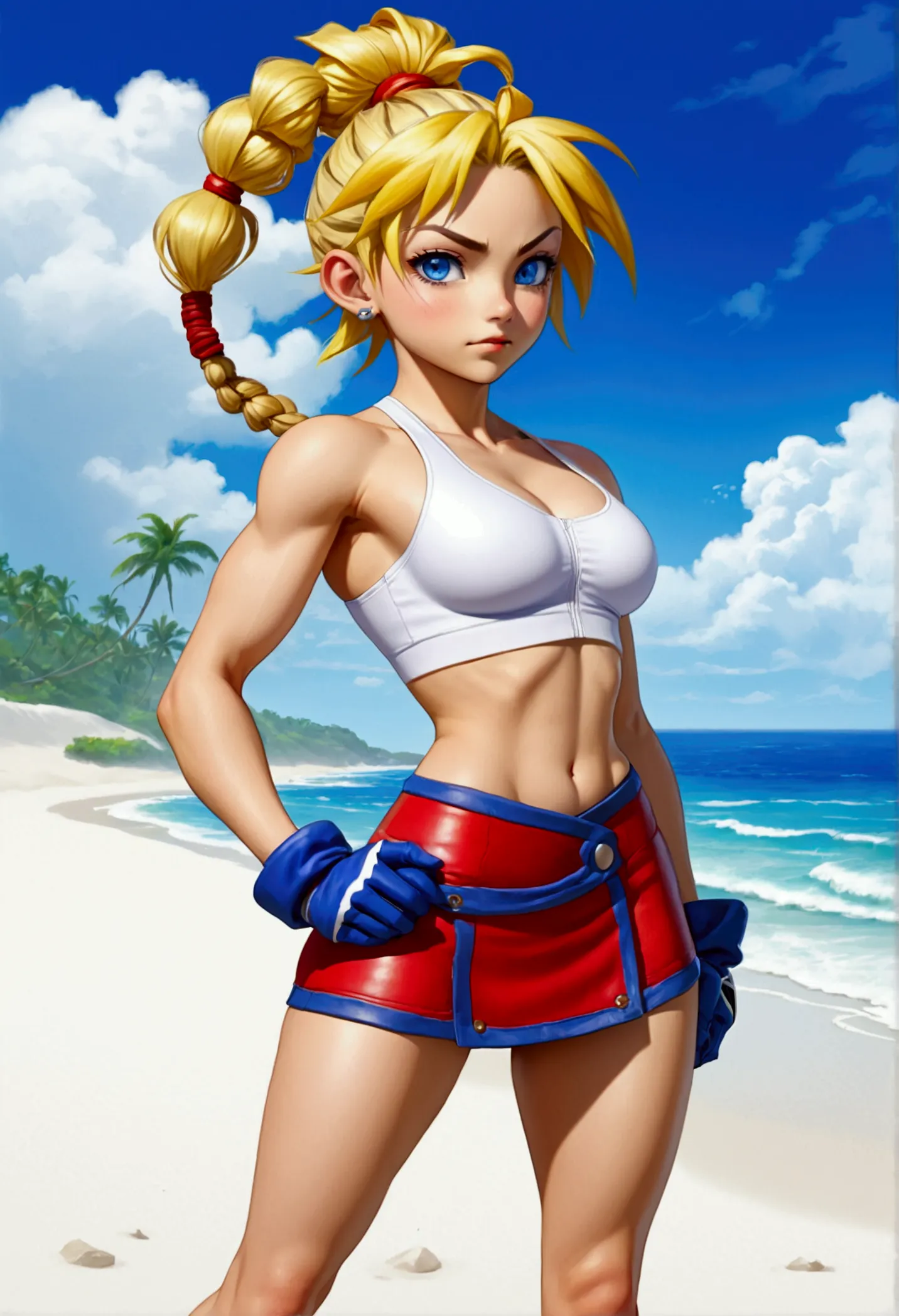 (promotional art), (whole body view), (kid from chrono cross), yellow hair in high ponytail braid, sapphire blue eyes, very slen...