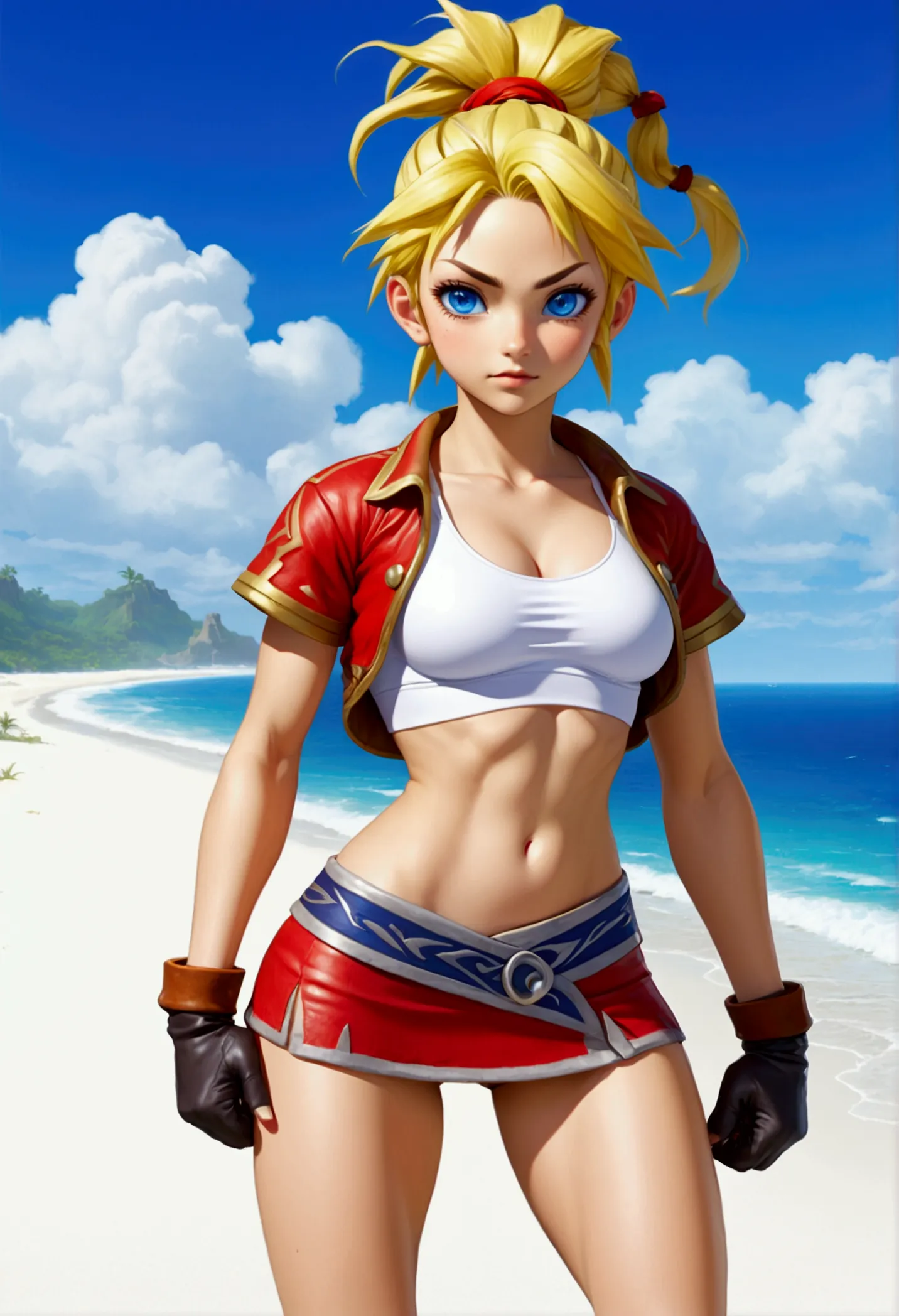 (promotional art), (whole body view), (kid from chrono cross), yellow hair in high ponytail braid, sapphire blue eyes, very slen...