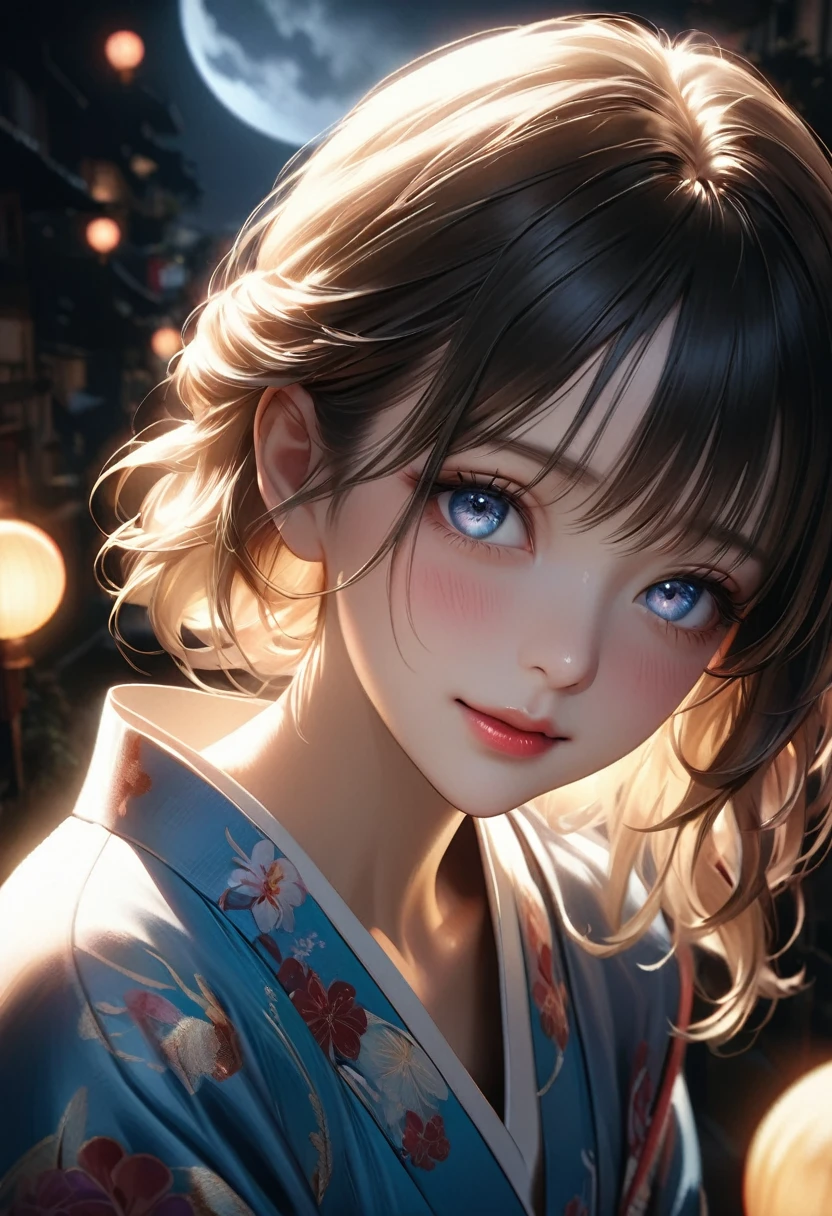 Beautiful girl in a vibrant kimono confessing her love under the light of a big full moon, Her face was red with nervousness and embarrassment., look up with big eyes, Captivating eyes, Dramatic Shadows and backlighting, (Highest quality,4K,8k,High resolution,masterpiece:1.2),Very detailed,(Realistic,photoRealistic,photo-Realistic:1.37),Dramatic lighting,Stunning eye for detail,Very detailed顔,Perfect Skin,Long eyelashes,Detailed lips,Soft lighting,Cinematic,romantic,Emotional,Sparkling colors,Shining Moon,Dark Night,Reverse backlight,Exposure of deficiencies,Indecipherable expression,Moonlight Aesthetics,Dramatic Shadows,Look directly at the viewer,I've always loved you❤️,(Shooting from above:1.37), ずっとあなたのことが好きでした❤️, blush, A smile with meaning, Draw the moon high, 